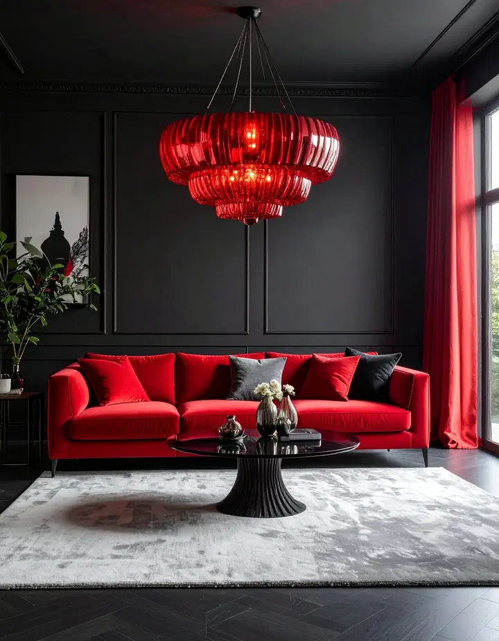 Elegantní černo-červený obývací pokoj: inspirace pro odvážný a luxusní interiér