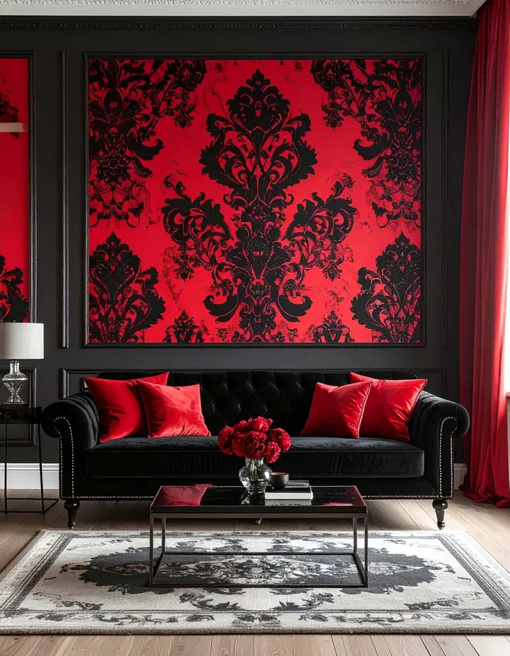 Elegantní černo-červený obývací pokoj: inspirace pro odvážný a luxusní interiér
