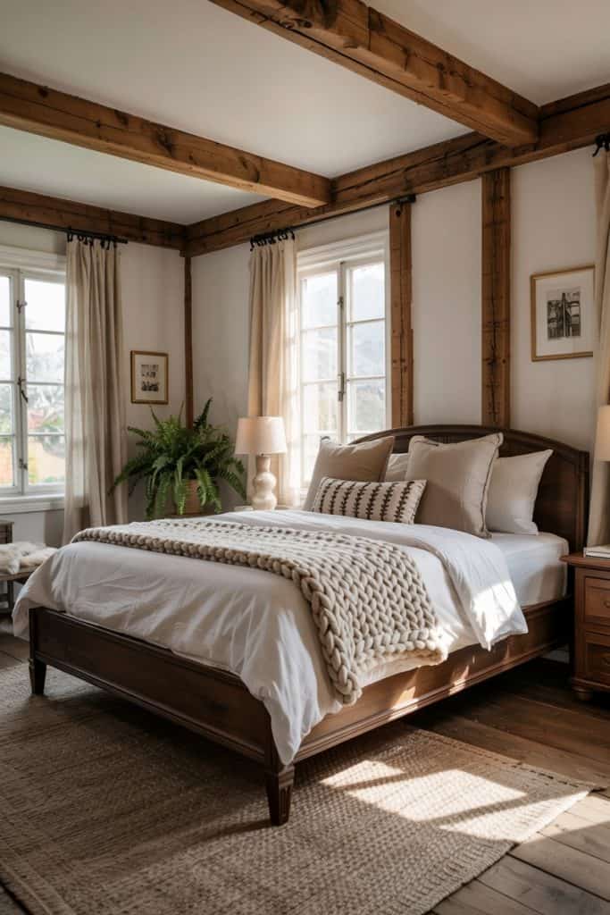 Moderní rustikální ložnice: jak vytvořit hřejivý interiér plný textur a elegance