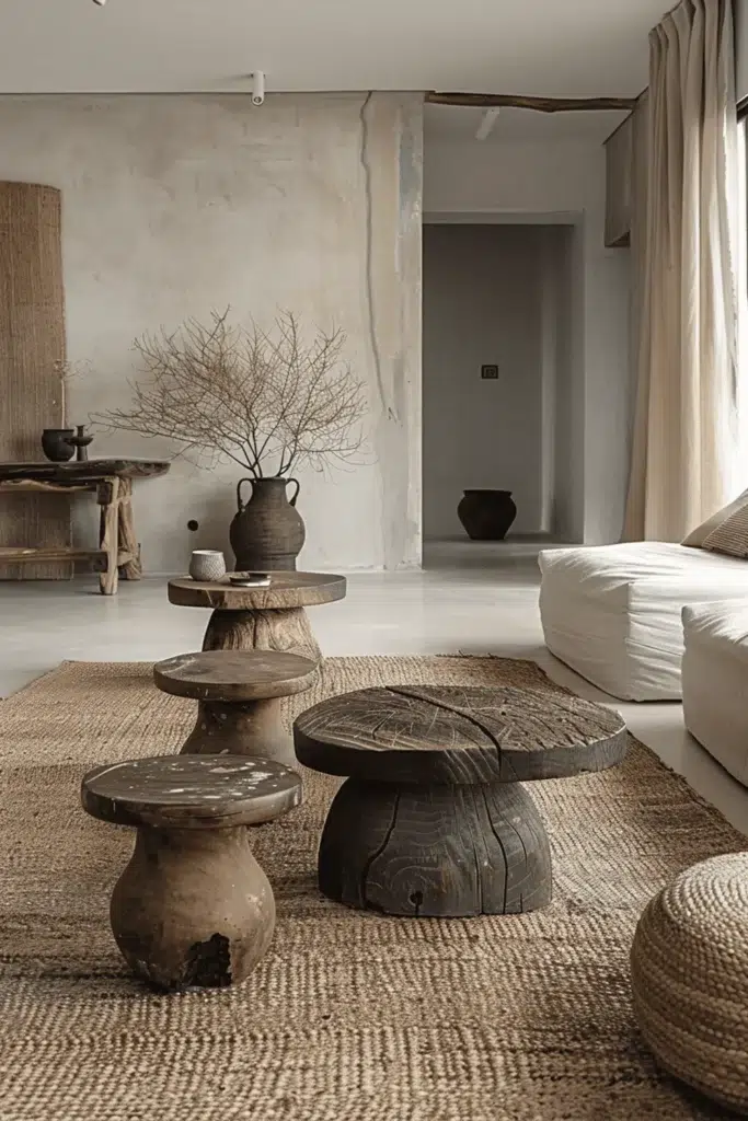 Inspirace pro obývací pokoj ve stylu wabi-sabi