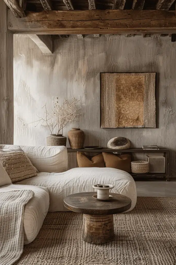 Inspirace pro obývací pokoj ve stylu wabi-sabi