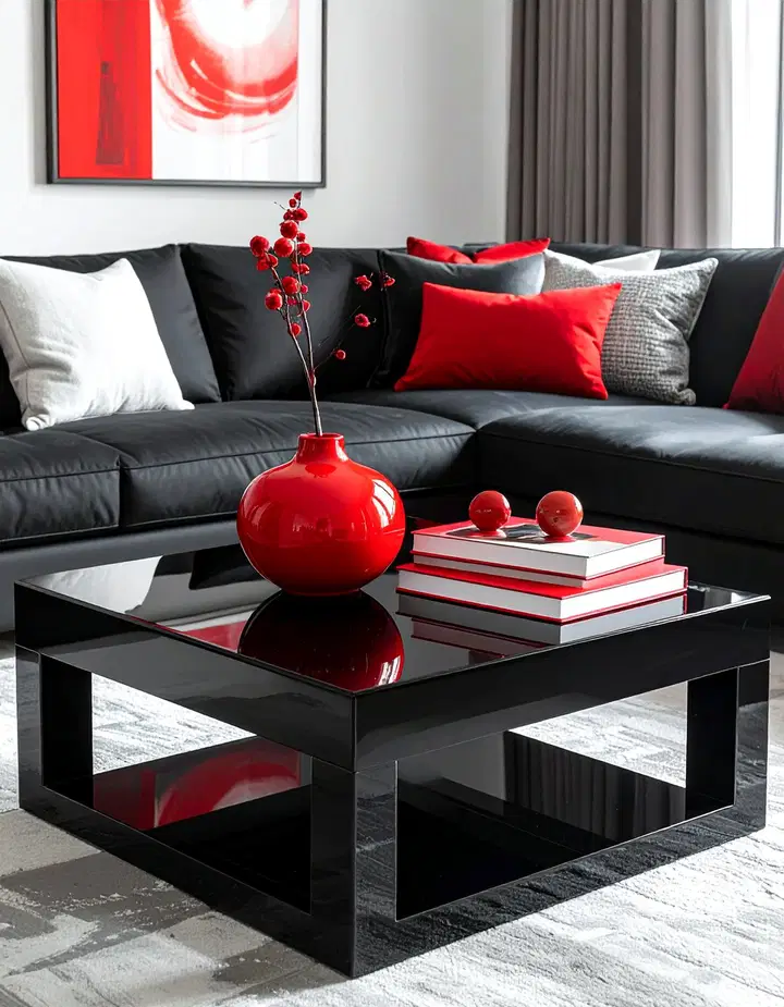 Elegantní černo-červený obývací pokoj: inspirace pro odvážný a luxusní interiér