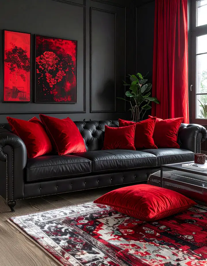Elegantní černo-červený obývací pokoj: inspirace pro odvážný a luxusní interiér