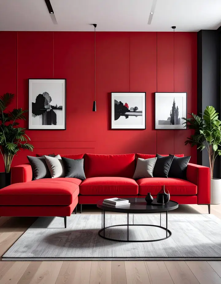 Elegantní černo-červený obývací pokoj: inspirace pro odvážný a luxusní interiér