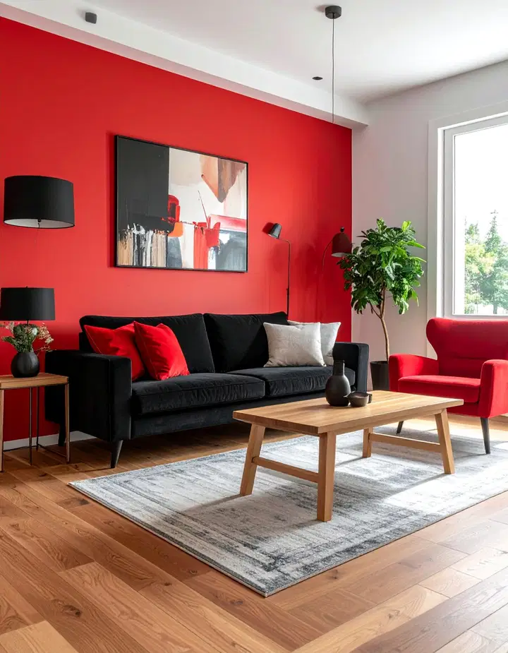 Elegantní černo-červený obývací pokoj: inspirace pro odvážný a luxusní interiér
