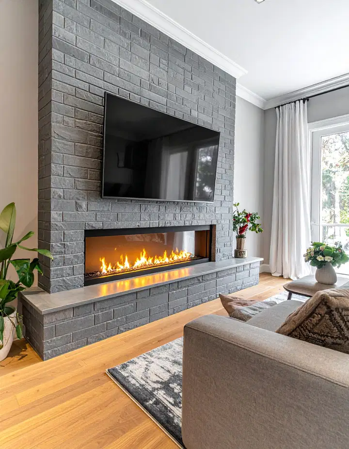 Lineární krb s TV nad ním: inspirace pro útulné večery