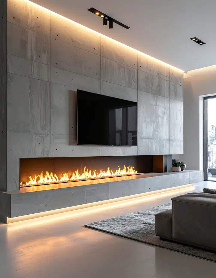 Lineární krb s TV nad ním: inspirace pro útulné večery