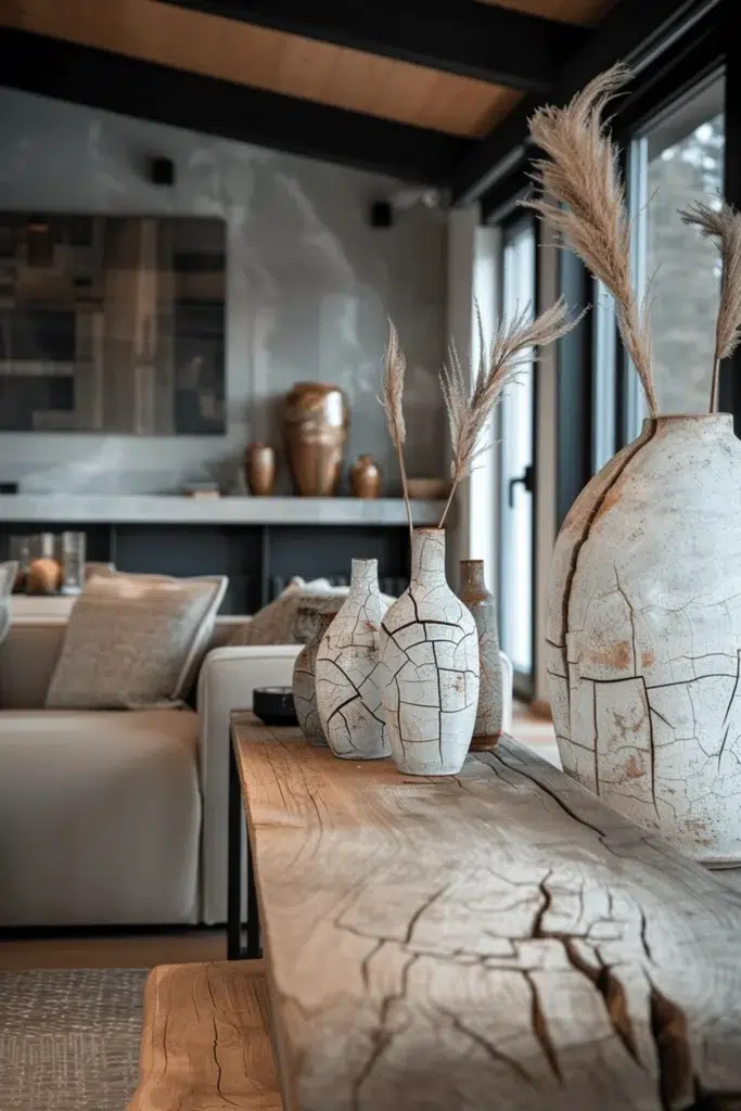 Inspirace pro obývací pokoj ve stylu wabi-sabi