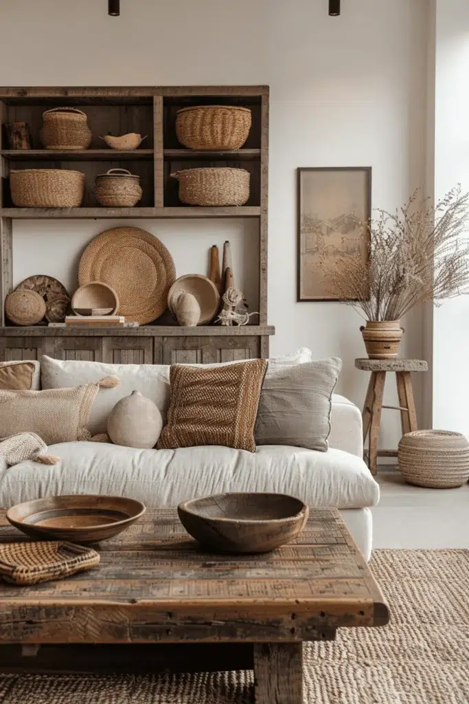 Inspirace pro obývací pokoj ve stylu wabi-sabi