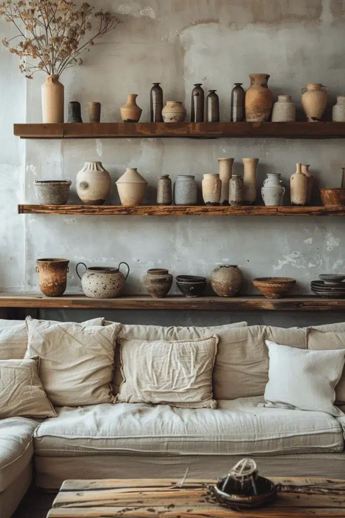 Inspirace pro obývací pokoj ve stylu wabi-sabi