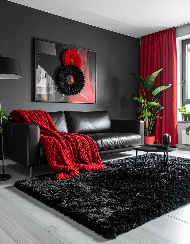 Elegantní černo-červený obývací pokoj: inspirace pro odvážný a luxusní interiér