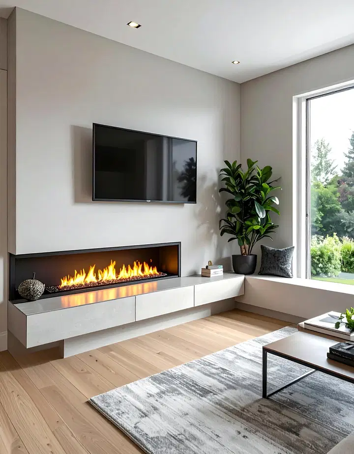 Lineární krb s TV nad ním: inspirace pro útulné večery