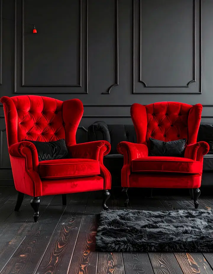 Elegantní černo-červený obývací pokoj: inspirace pro odvážný a luxusní interiér