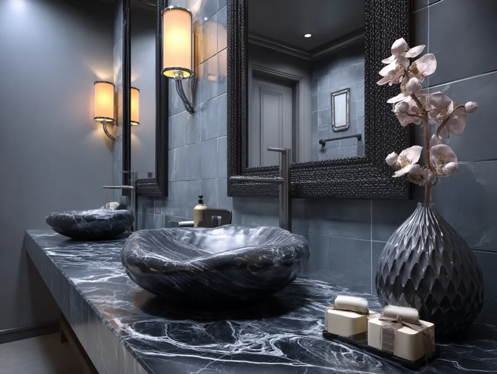 Elegantní inspirace pro černou koupelnu, která působí luxusně, moderně a nezapomenutelně