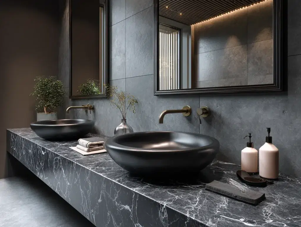 Elegantní inspirace pro černou koupelnu, která působí luxusně, moderně a nezapomenutelně