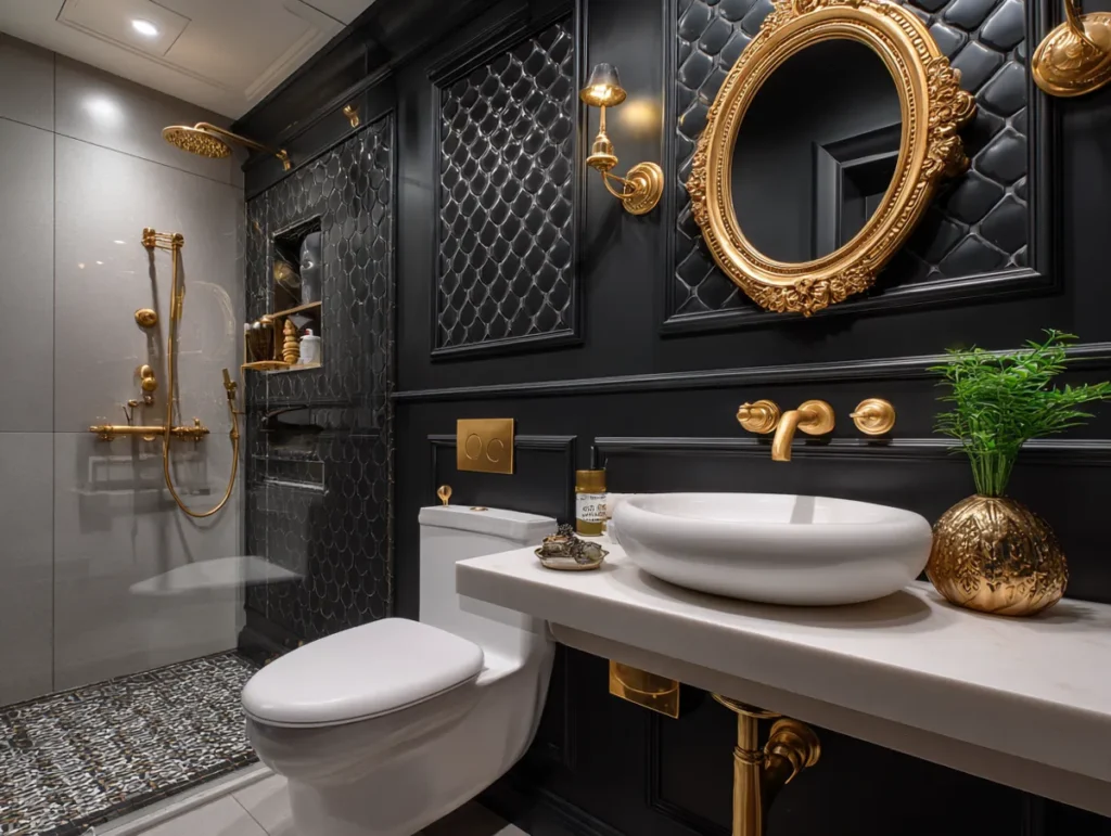 Elegantní inspirace pro černou koupelnu, která působí luxusně, moderně a nezapomenutelně