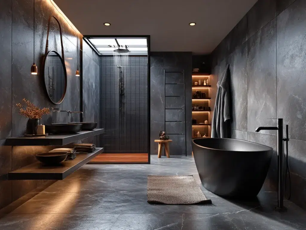 Elegantní inspirace pro černou koupelnu, která působí luxusně, moderně a nezapomenutelně