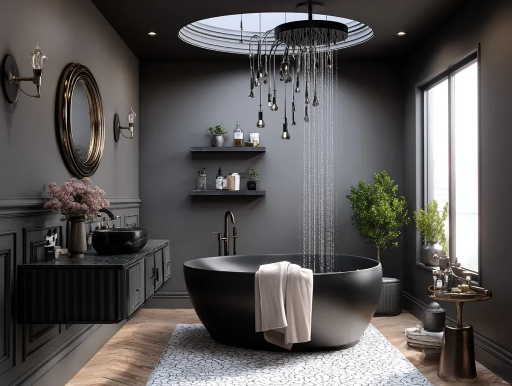 Elegantní inspirace pro černou koupelnu, která působí luxusně, moderně a nezapomenutelně