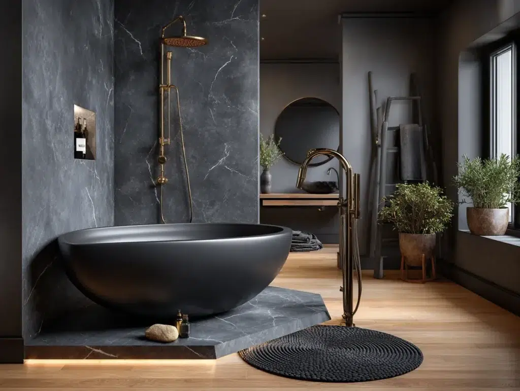 Elegantní inspirace pro černou koupelnu, která působí luxusně, moderně a nezapomenutelně
