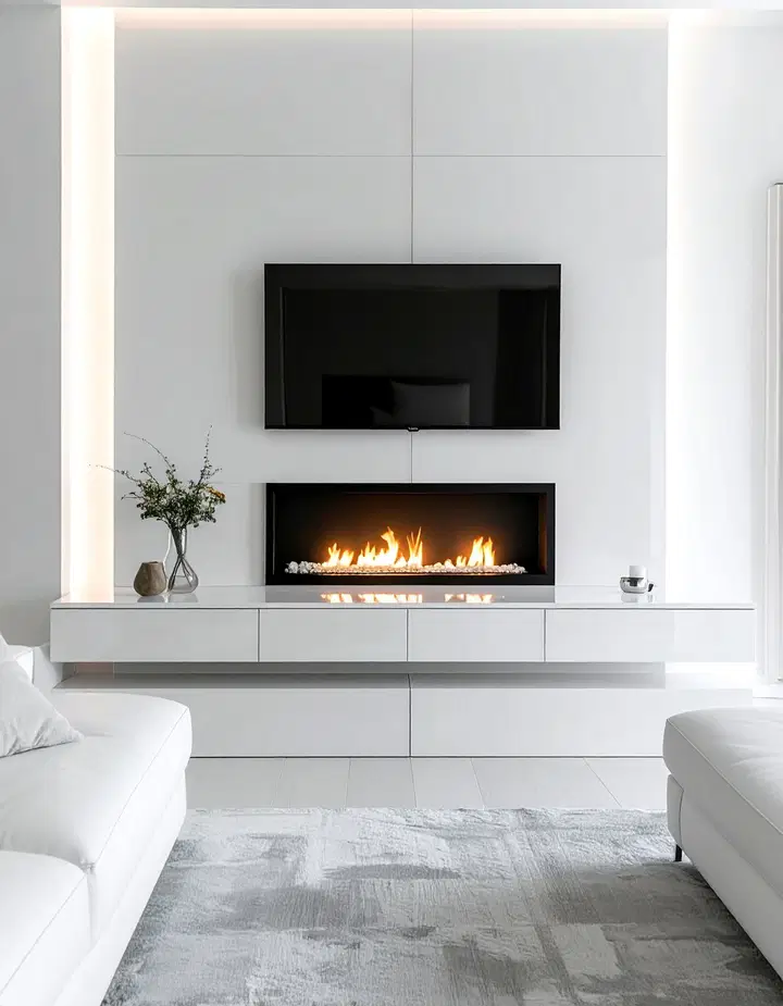Lineární krb s TV nad ním: inspirace pro útulné večery