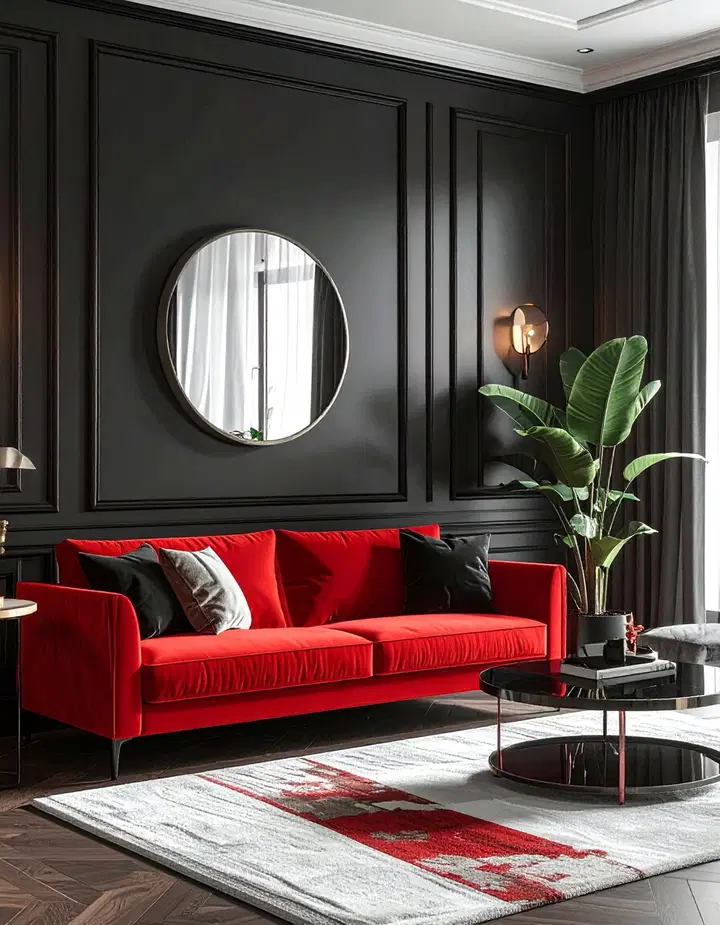 Elegantní černo-červený obývací pokoj: inspirace pro odvážný a luxusní interiér