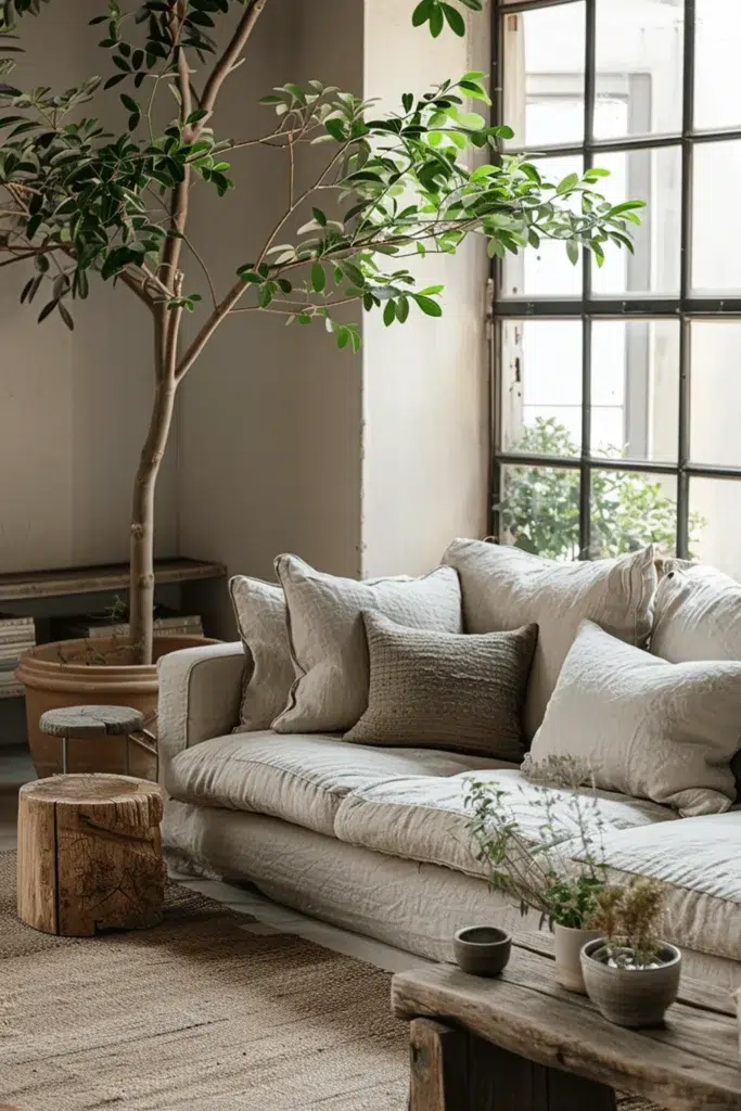 Inspirace pro obývací pokoj ve stylu wabi-sabi