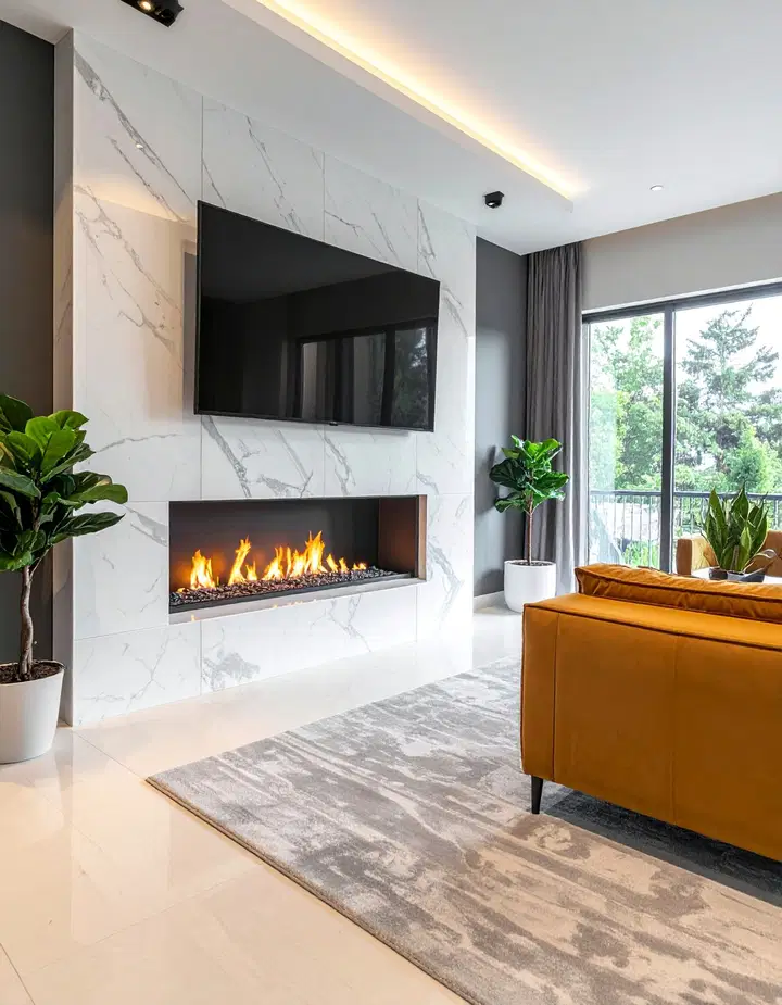 Lineární krb s TV nad ním: inspirace pro útulné večery