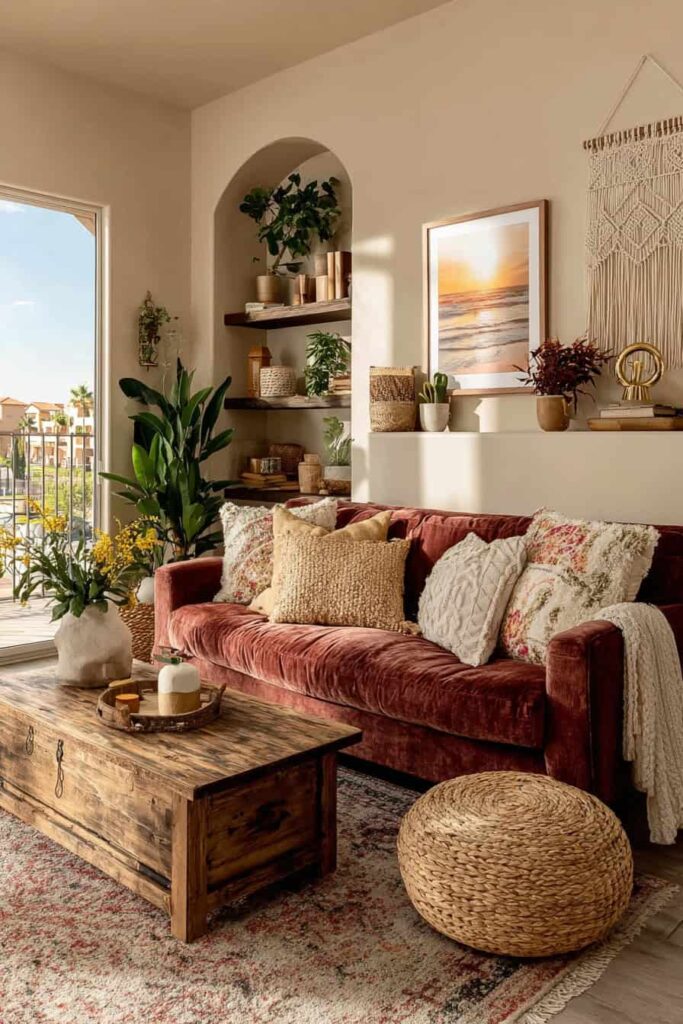 Nápadité inspirace pro obývací pokoj v boho stylu
