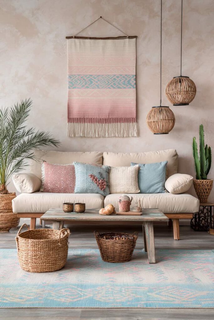 Nápadité inspirace pro obývací pokoj v boho stylu