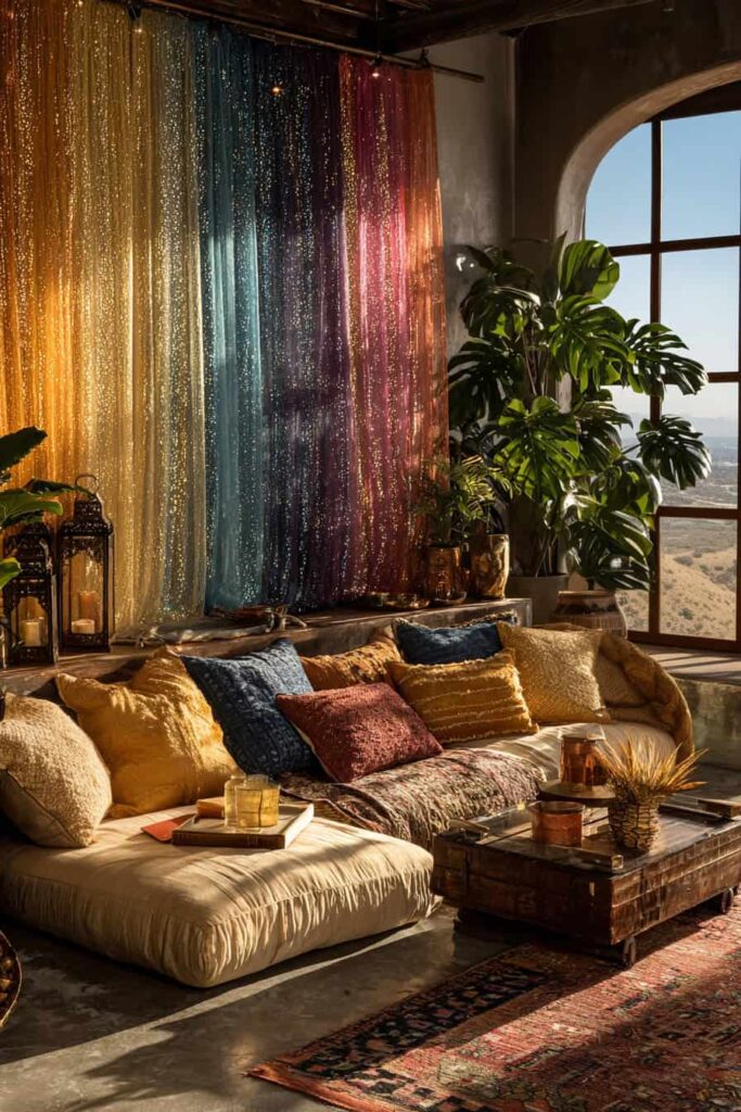 Nápadité inspirace pro obývací pokoj v boho stylu