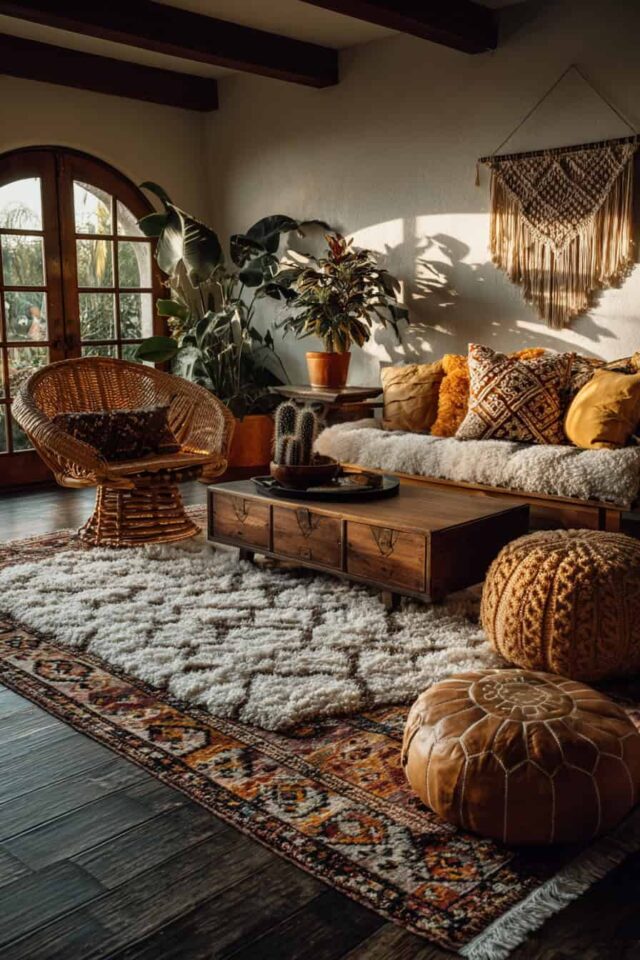 Nápadité inspirace pro obývací pokoj v boho stylu