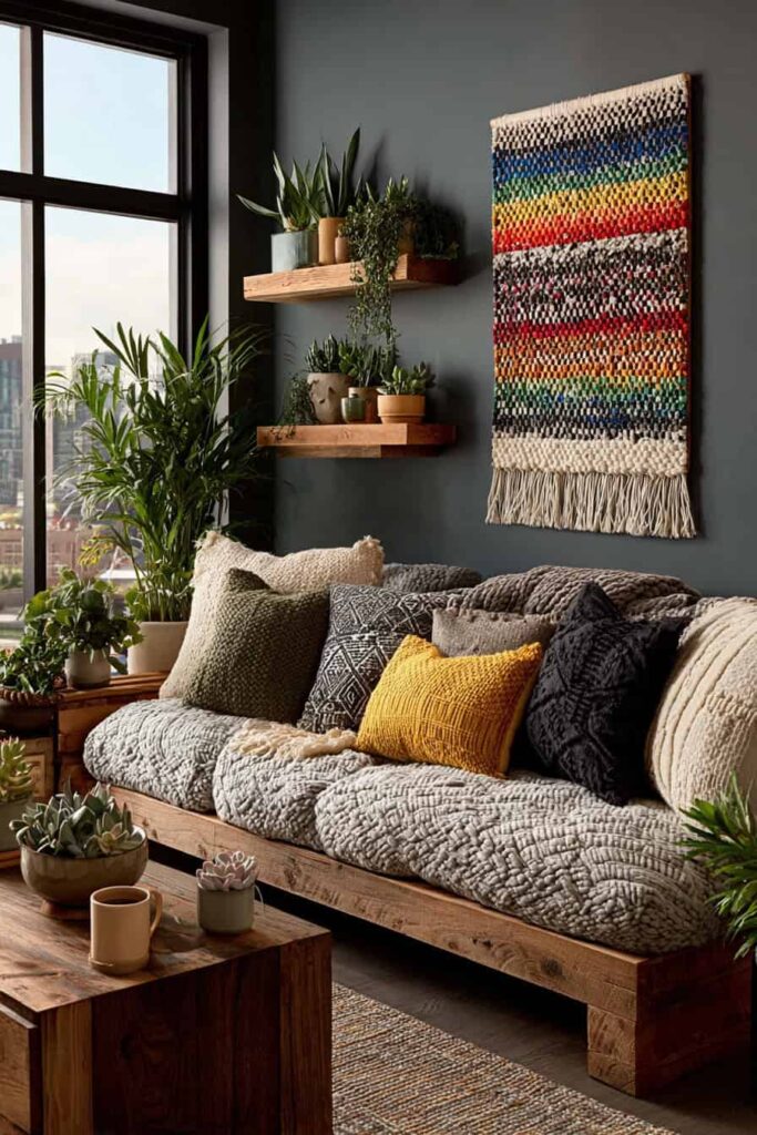 Nápadité inspirace pro obývací pokoj v boho stylu