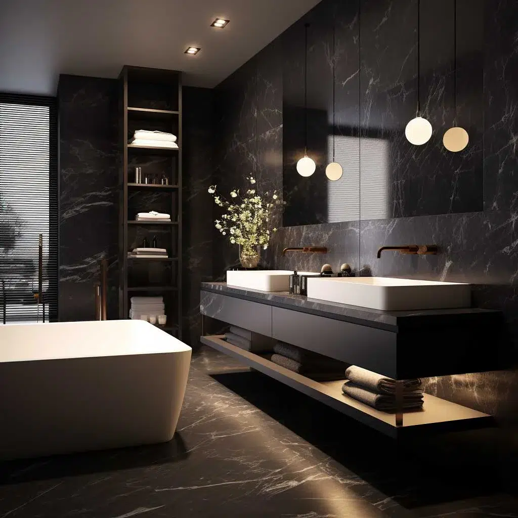 Elegantní inspirace pro černou koupelnu, která působí luxusně, moderně a nezapomenutelně