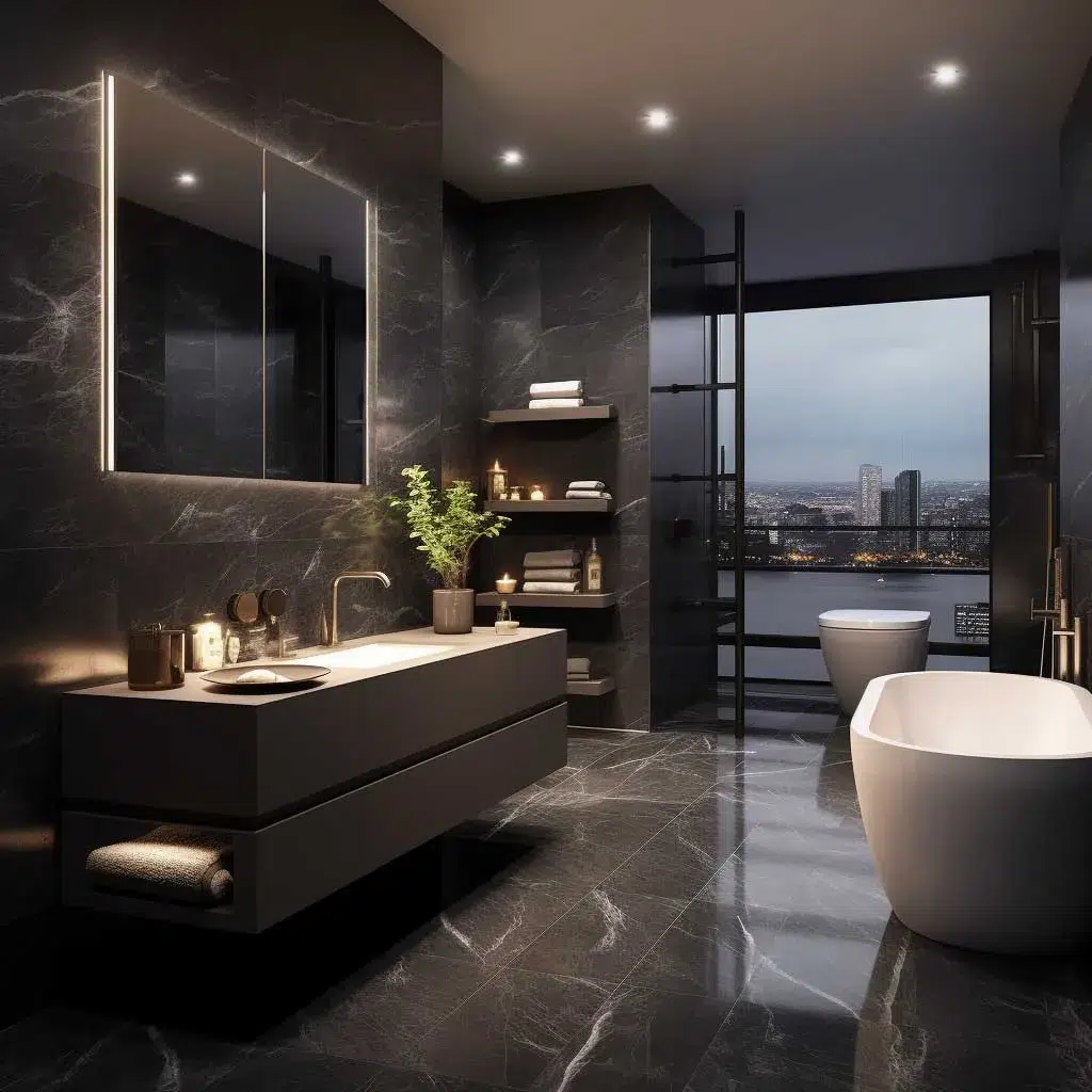Elegantní inspirace pro černou koupelnu, která působí luxusně, moderně a nezapomenutelně