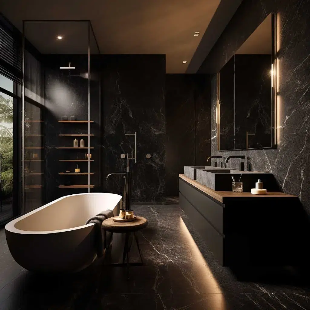 Elegantní inspirace pro černou koupelnu, která působí luxusně, moderně a nezapomenutelně