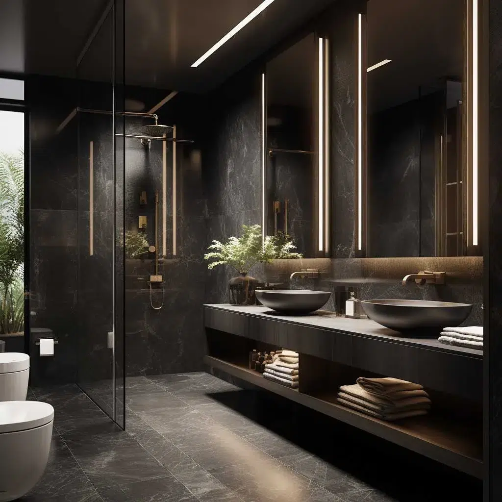 Elegantní inspirace pro černou koupelnu, která působí luxusně, moderně a nezapomenutelně