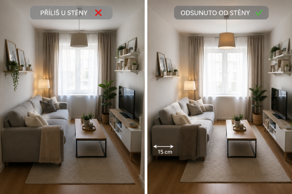 Vzorec pro malý obývací pokoj: designérský trik, díky kterému bude působit mnohem větší