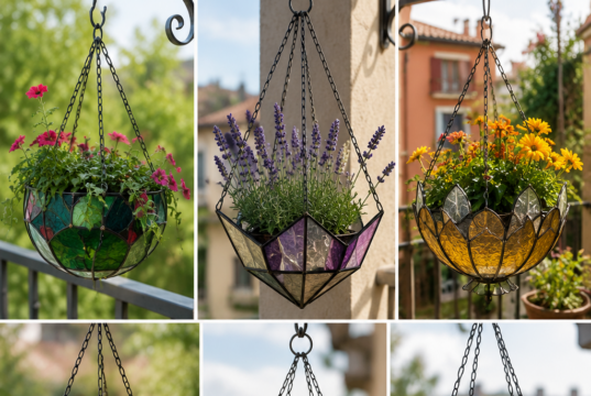 Ze starého vitrážového stínidla originální květináč: Nápad pro balkon, terasu i zahradu