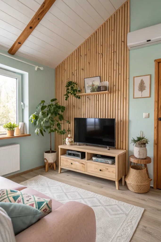 TV stěna z dřevěných lamel: Trend, který promění váš obývák