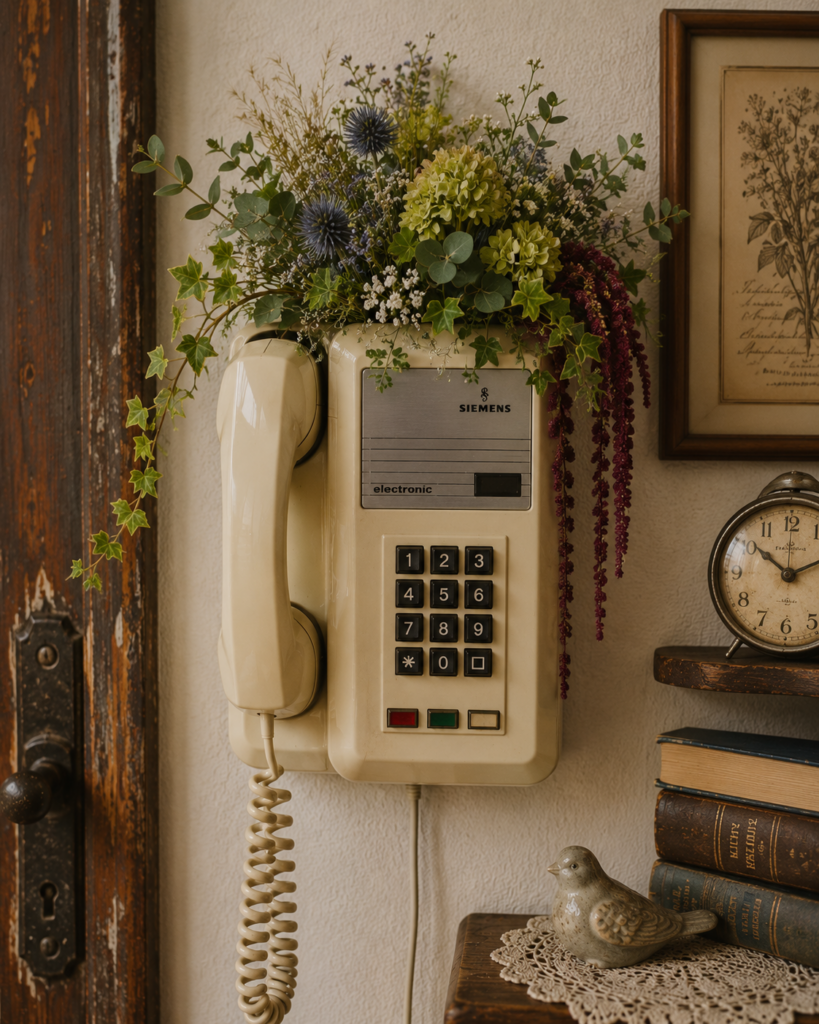 Staré a retro telefony jako originální květinové dekorace