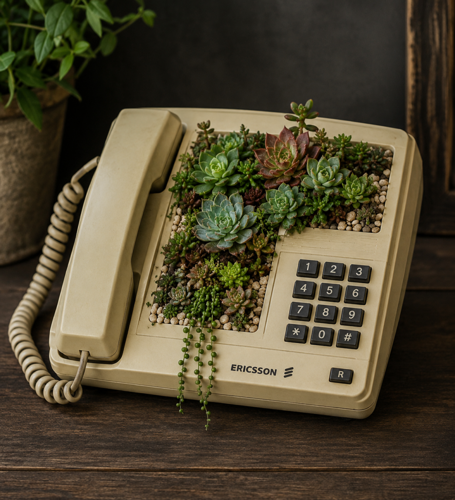 Staré a retro telefony jako originální květinové dekorace