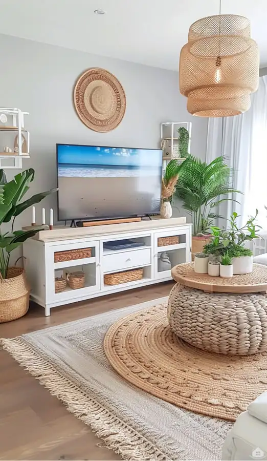 Nadčasový boho-chic obývák v jemných přírodních tónech