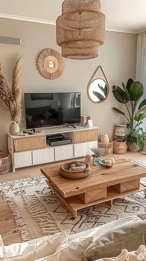 Nadčasový boho-chic obývák v jemných přírodních tónech