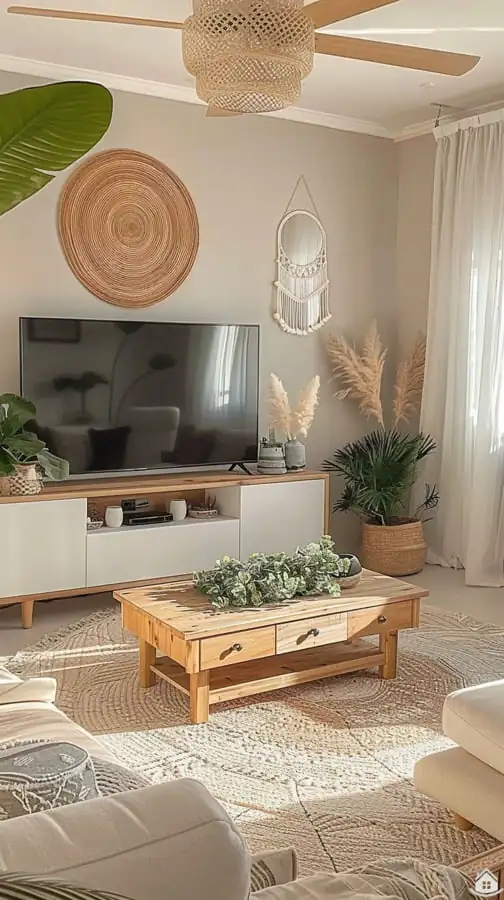 Nadčasový boho-chic obývák v jemných přírodních tónech