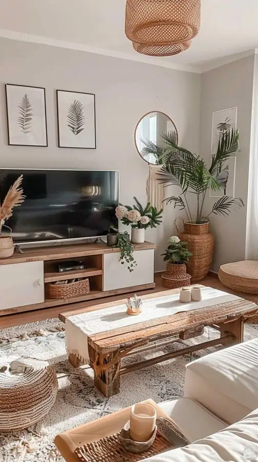 Nadčasový boho-chic obývák v jemných přírodních tónech