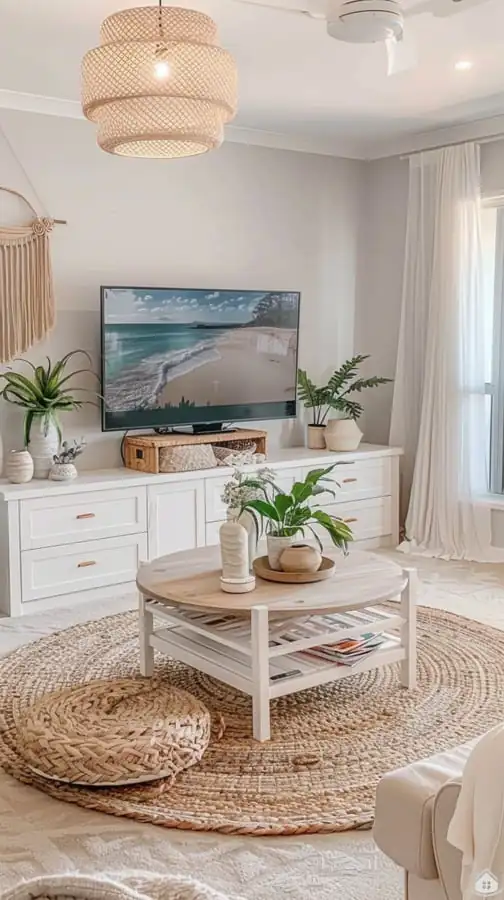 Nadčasový boho-chic obývák v jemných přírodních tónech