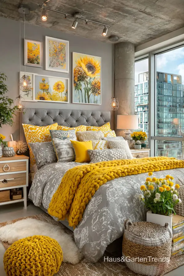 Žlutá & šedá ložnice: inspirace pro moderní a útulný interiér