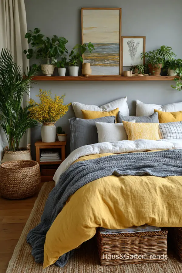 Žlutá & šedá ložnice: inspirace pro moderní a útulný interiér