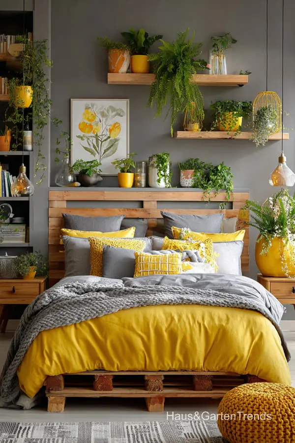 Žlutá & šedá ložnice: inspirace pro moderní a útulný interiér