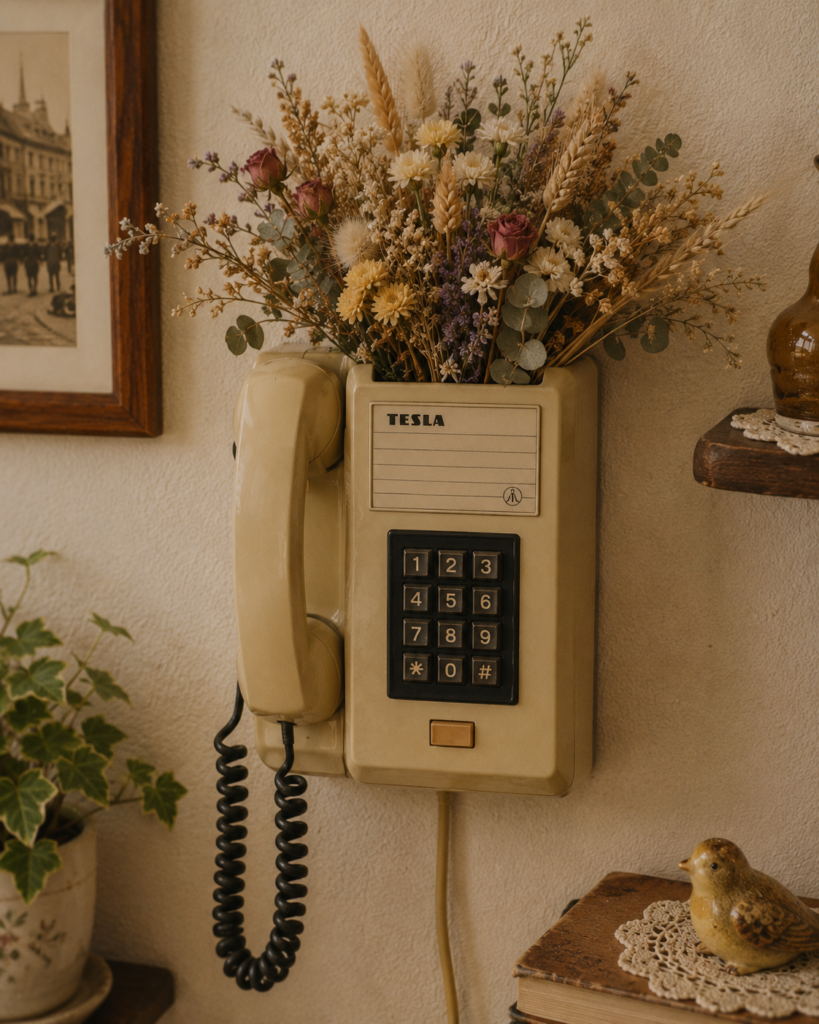 Staré a retro telefony jako originální květinové dekorace